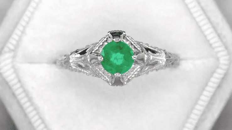 Art Deco Engraved Filigree Emerald Engagement Ring in 14 Karat White Gold
