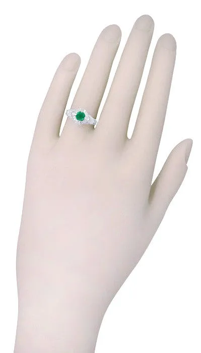 Art Deco Engraved Filigree Emerald Engagement Ring in 14 Karat White Gold