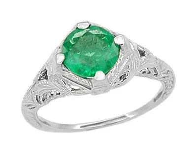 Art Deco Engraved Filigree Emerald Engagement Ring in 14 Karat White Gold