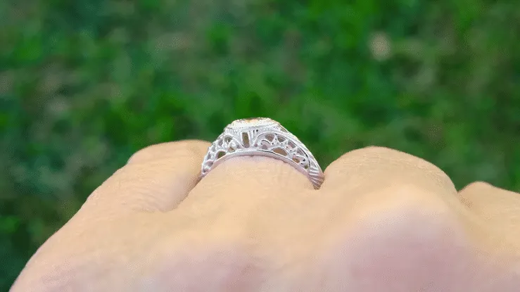 Art Deco Engraved Filigree White Sapphire Engagement Ring in White Gold
