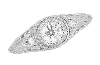 Art Deco Engraved Filigree White Sapphire Engagement Ring in White Gold