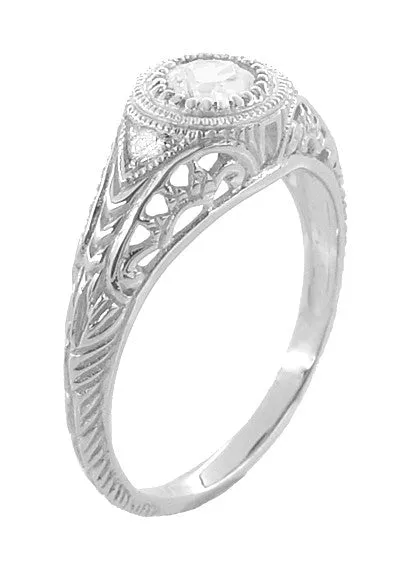 Art Deco Engraved Filigree White Sapphire Engagement Ring in White Gold
