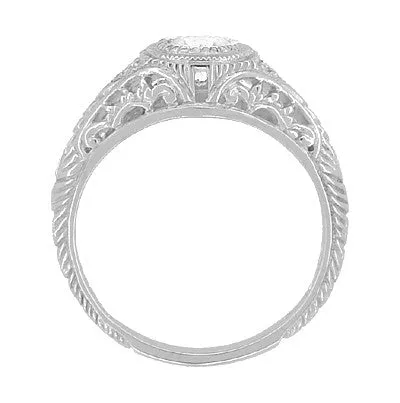 Art Deco Engraved Filigree White Sapphire Engagement Ring in White Gold