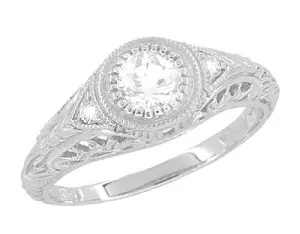 Art Deco Engraved Filigree White Sapphire Engagement Ring in White Gold