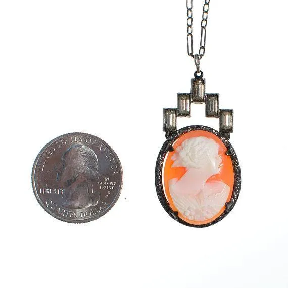 Art Deco Era Vintage Carved Shell Cameo Pendant Necklace with Baguette Rhinestones Set In Sterling Silver