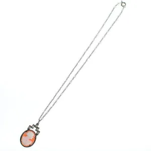 Art Deco Era Vintage Carved Shell Cameo Pendant Necklace with Baguette Rhinestones Set In Sterling Silver