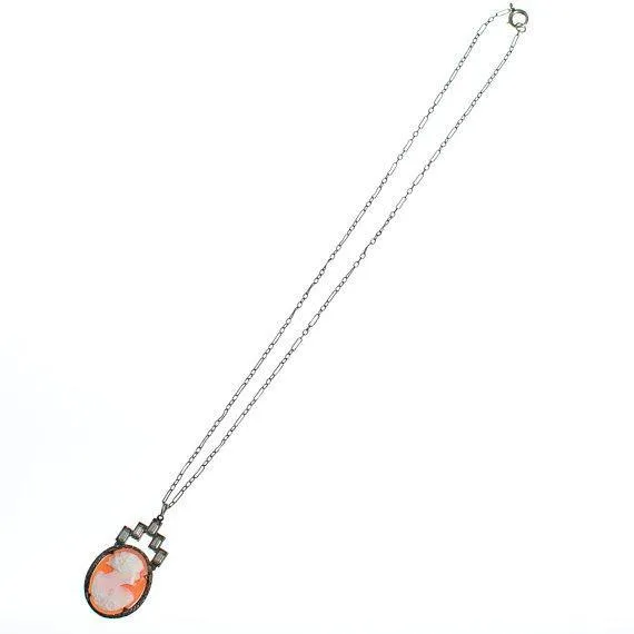 Art Deco Era Vintage Carved Shell Cameo Pendant Necklace with Baguette Rhinestones Set In Sterling Silver