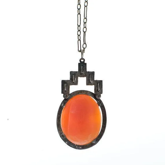 Art Deco Era Vintage Carved Shell Cameo Pendant Necklace with Baguette Rhinestones Set In Sterling Silver