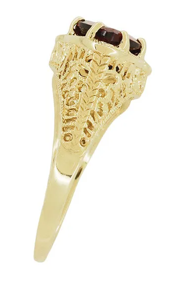 Art Deco Filigree Almandine Garnet Loving Duo Ring in 14K Yellow Gold