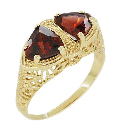Art Deco Filigree Almandine Garnet Loving Duo Ring in 14K Yellow Gold