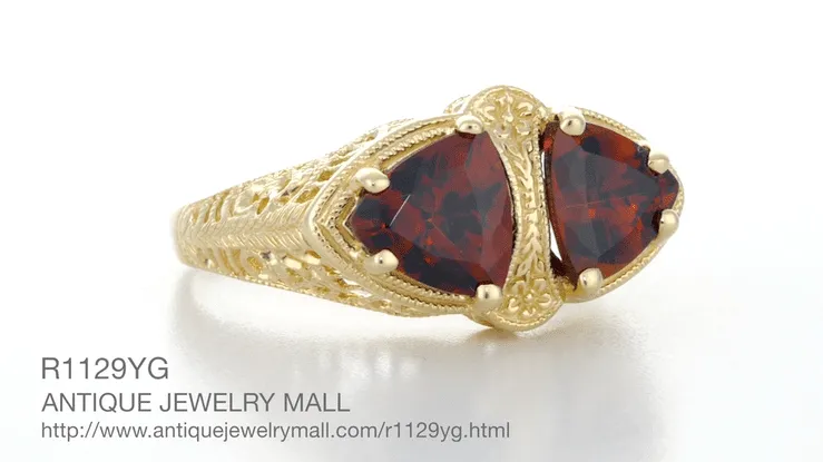 Art Deco Filigree Almandine Garnet Loving Duo Ring in 14K Yellow Gold