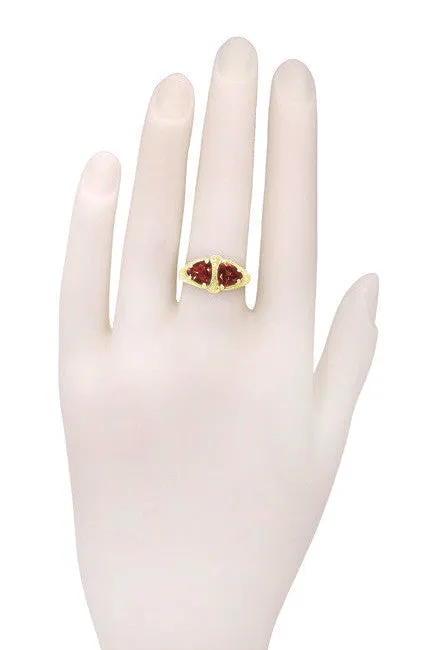 Art Deco Filigree Almandine Garnet Loving Duo Ring in 14K Yellow Gold