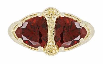 Art Deco Filigree Almandine Garnet Loving Duo Ring in 14K Yellow Gold