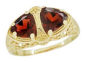 Art Deco Filigree Almandine Garnet Loving Duo Ring in 14K Yellow Gold