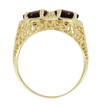 Art Deco Filigree Almandine Garnet Loving Duo Ring in 14K Yellow Gold
