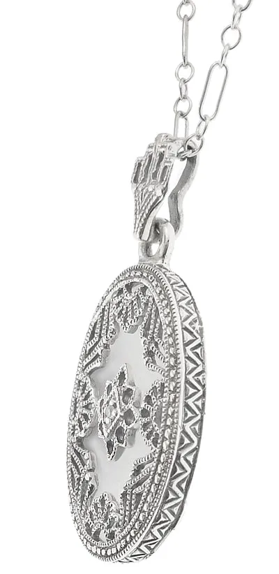 Art Deco Filigree Camphor Crystal and Diamond Oval Pendant Necklace in Sterling Silver