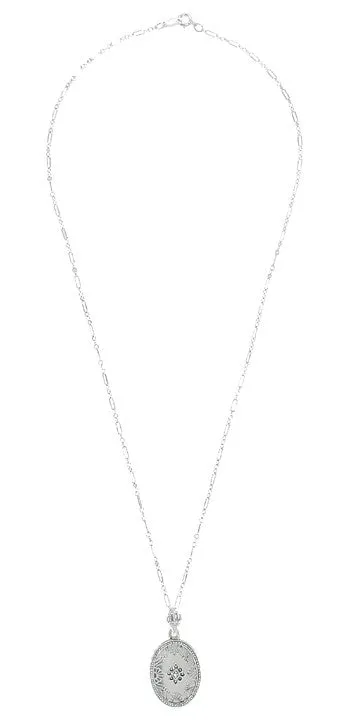 Art Deco Filigree Camphor Crystal and Diamond Oval Pendant Necklace in Sterling Silver