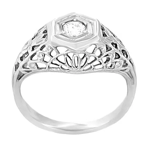 Art Deco Filigree Dome 0.20 Carat Diamond Engagement Ring in 14 Karat White Gold