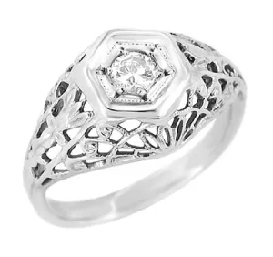 Art Deco Filigree Dome 0.20 Carat Diamond Engagement Ring in 14 Karat White Gold