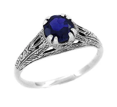Art Deco Filigree Engraved Blue Sapphire Promise Ring in Sterling Silver