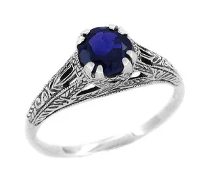 Art Deco Filigree Engraved Blue Sapphire Promise Ring in Sterling Silver