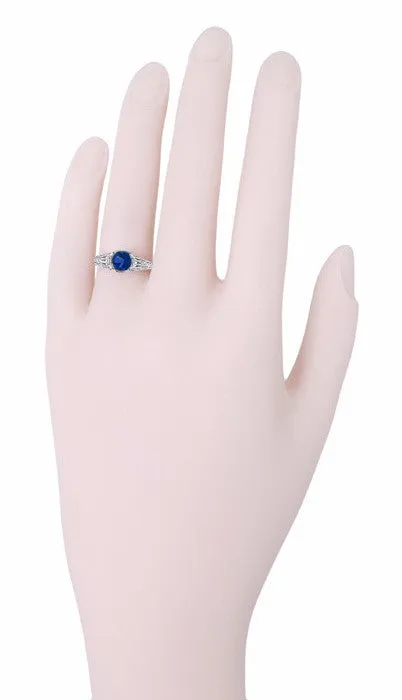 Art Deco Filigree Engraved Blue Sapphire Promise Ring in Sterling Silver
