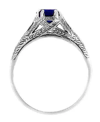 Art Deco Filigree Engraved Blue Sapphire Promise Ring in Sterling Silver