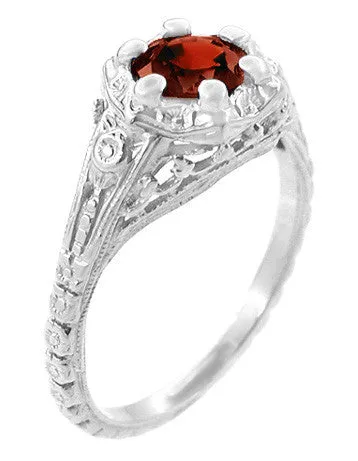 Art Deco Filigree Flowers Almandine Garnet Promise Ring in Sterling Silver