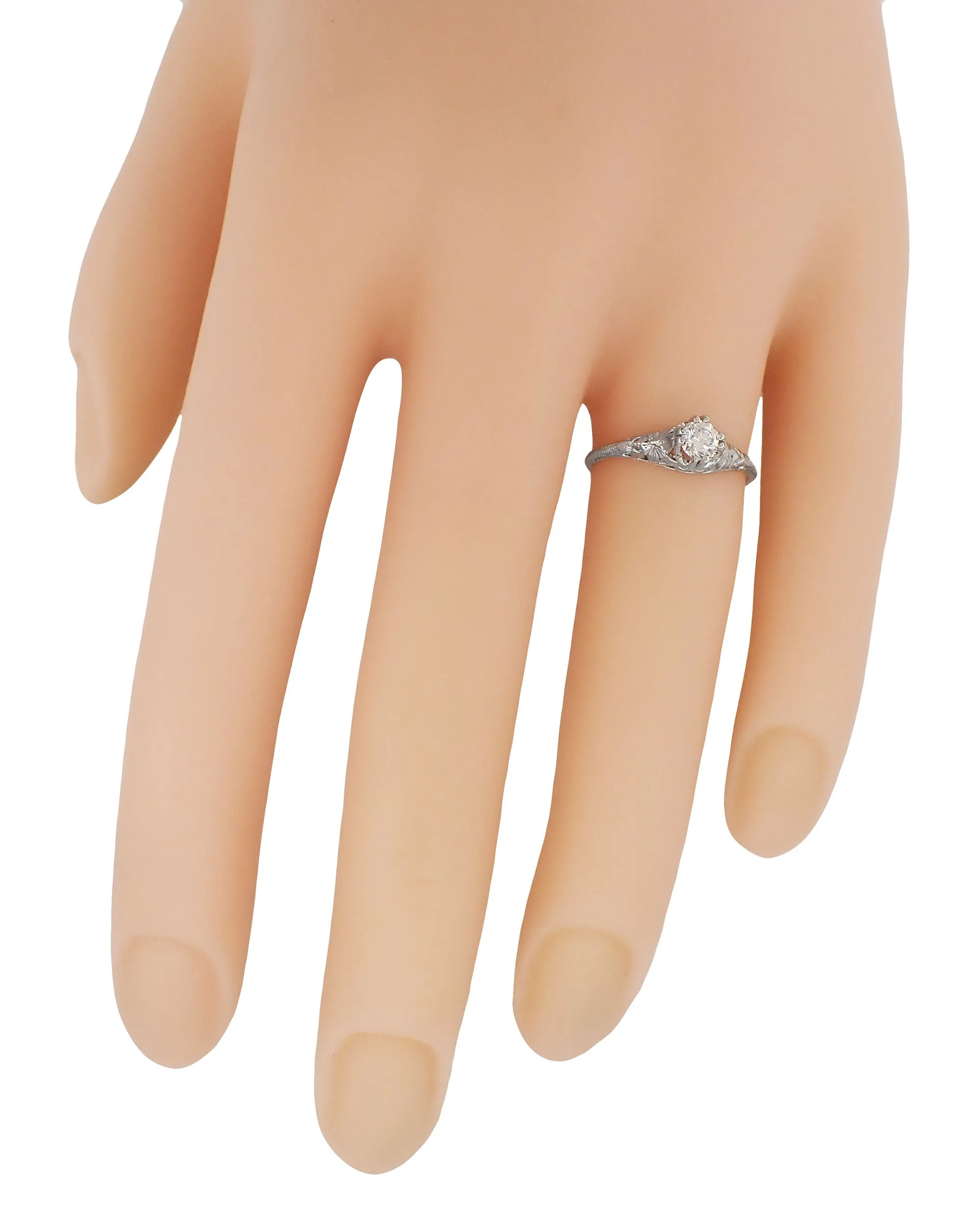 Art Deco Filigree Flowers and Wheat Engraved 1/4 Carat Diamond Engagement Ring in Platinum