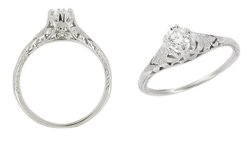 Art Deco Filigree Flowers and Wheat Engraved 1/4 Carat Diamond Engagement Ring in Platinum