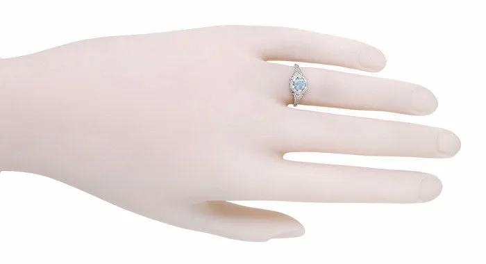 Art Deco Filigree Flowers Aquamarine Promise Ring in Sterling Silver