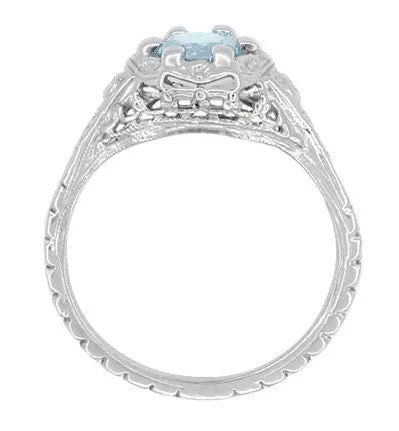 Art Deco Filigree Flowers Aquamarine Promise Ring in Sterling Silver