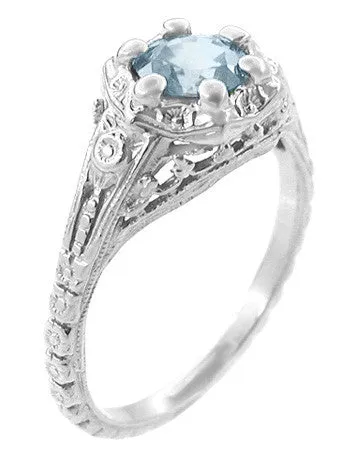 Art Deco Filigree Flowers Aquamarine Promise Ring in Sterling Silver