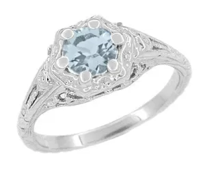 Art Deco Filigree Flowers Aquamarine Promise Ring in Sterling Silver