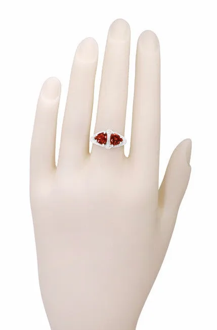 Art Deco Filigree Loving Duo Almandite Garnet Ring in 14 Karat White Gold - January Birthstone