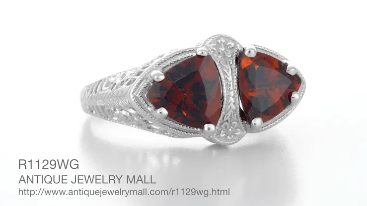 Art Deco Filigree Loving Duo Almandite Garnet Ring in 14 Karat White Gold - January Birthstone