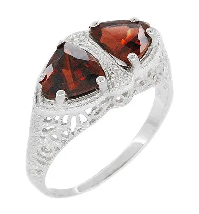 Art Deco Filigree Loving Duo Almandite Garnet Ring in 14 Karat White Gold - January Birthstone