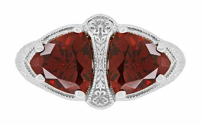 Art Deco Filigree Loving Duo Almandite Garnet Ring in 14 Karat White Gold - January Birthstone