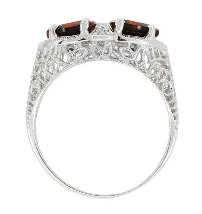 Art Deco Filigree Loving Duo Almandite Garnet Ring in 14 Karat White Gold - January Birthstone