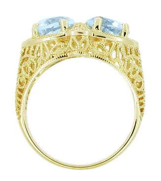 Art Deco Filigree Loving Duo Blue Topaz Ring in 14 Karat Yellow Gold - December Birthstone
