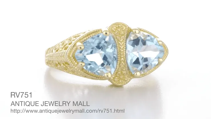 Art Deco Filigree Loving Duo Blue Topaz Ring in 14 Karat Yellow Gold - December Birthstone