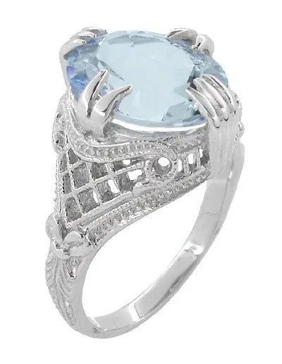 Art Deco Filigree Oval Aquamarine Ring in 14 Karat White Gold | 3.5 Carats