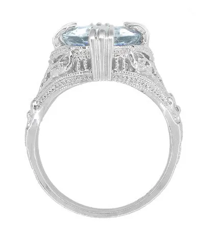 Art Deco Filigree Oval Aquamarine Ring in 14 Karat White Gold | 3.5 Carats