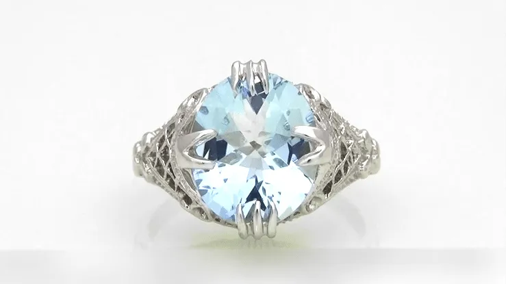 Art Deco Filigree Oval Aquamarine Ring in 14 Karat White Gold | 3.5 Carats