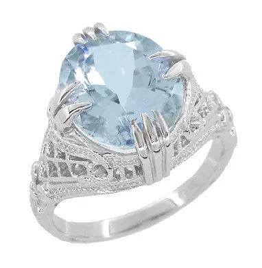Art Deco Filigree Oval Aquamarine Ring in 14 Karat White Gold | 3.5 Carats
