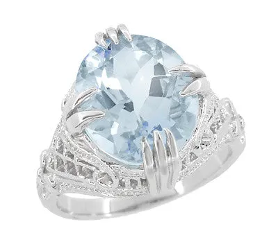 Art Deco Filigree Oval Aquamarine Ring in 14 Karat White Gold | 3.5 Carats