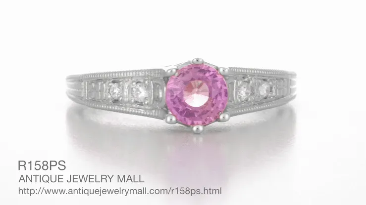 Art Deco Filigree Pink Sapphire and Diamond Vintage Style Engagement Ring in 14 Karat White Gold