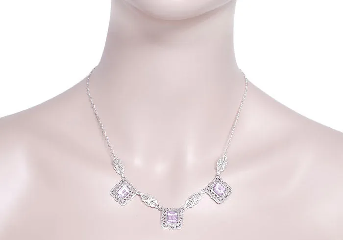 Art Deco Filigree Rose de France 3 Drop Necklace in Sterling Silver