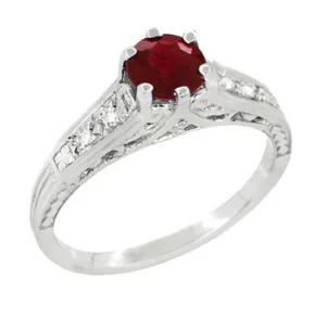 Art Deco Filigree Ruby Promise Ring in Sterling Silver with Side White Sapphires