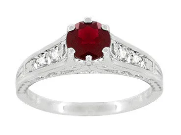Art Deco Filigree Ruby Promise Ring in Sterling Silver with Side White Sapphires